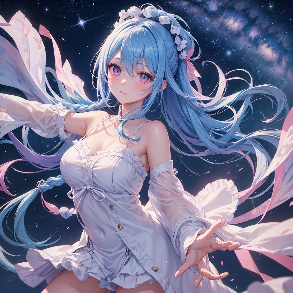 Sky blue hair, (One braided ponytail),(Pink Eyes),Fair skin ,(whole body),(One girl),Orihime,Sky Yue,Tanabata,(The Milky Way in the night sky),Hollow Eyes,Blushing,Straight bangs,(masterpiece, Highest quality, Very detailed, Best Shadow), (Detailed Background), (Beautifully detailed face), High Contrast, (Best lighting, Very delicate and beautiful), ((Cinematic Light)), colorful, Hyper Detail, Dramatic Light, Intricate details,Open your arms