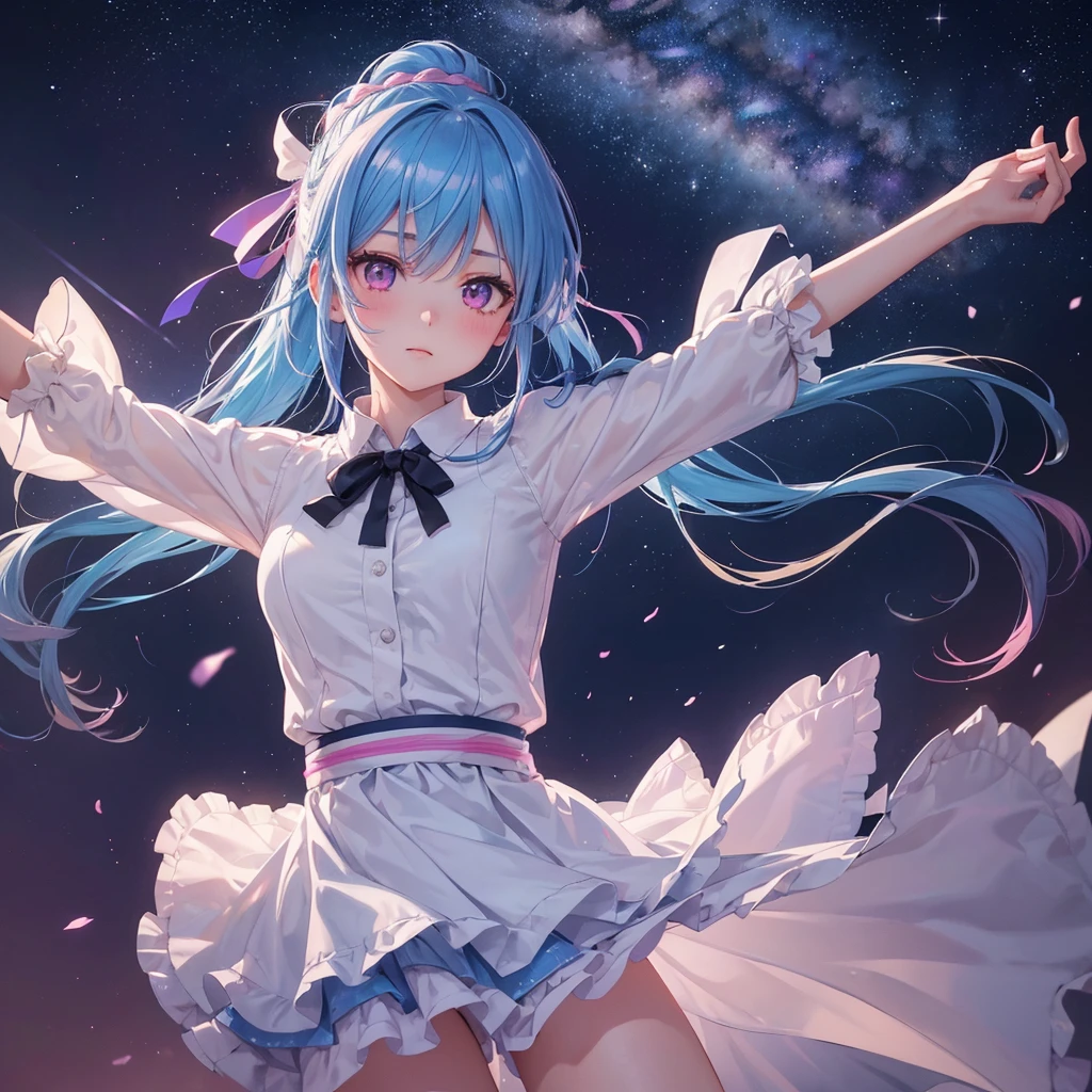Sky blue hair, (One braided ponytail),(Pink Eyes),Fair skin ,(whole body),(One girl),Orihime,Sky Yue,Tanabata,(The Milky Way in the night sky),Hollow Eyes,Blushing,Straight bangs,(masterpiece, Highest quality, Very detailed, Best Shadow), (Detailed Background), (Beautifully detailed face), High Contrast, (Best lighting, Very delicate and beautiful), ((Cinematic Light)), colorful, Hyper Detail, Dramatic Light, Intricate details,Open your arms