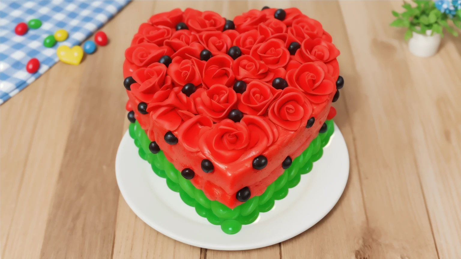on a wooden table, there is a heart-shaped cake on a white plate,. red and green cream cake. with black beads. there is a blue checkered tablecloth on the table next to it, scattered rainbow jelly beans, chamomile lies, Multiple light sources, bright lighting, Realistic style , realistic texture, detailed texture, A high resolution, high quality, macro photo, ultra hd 4k quality.