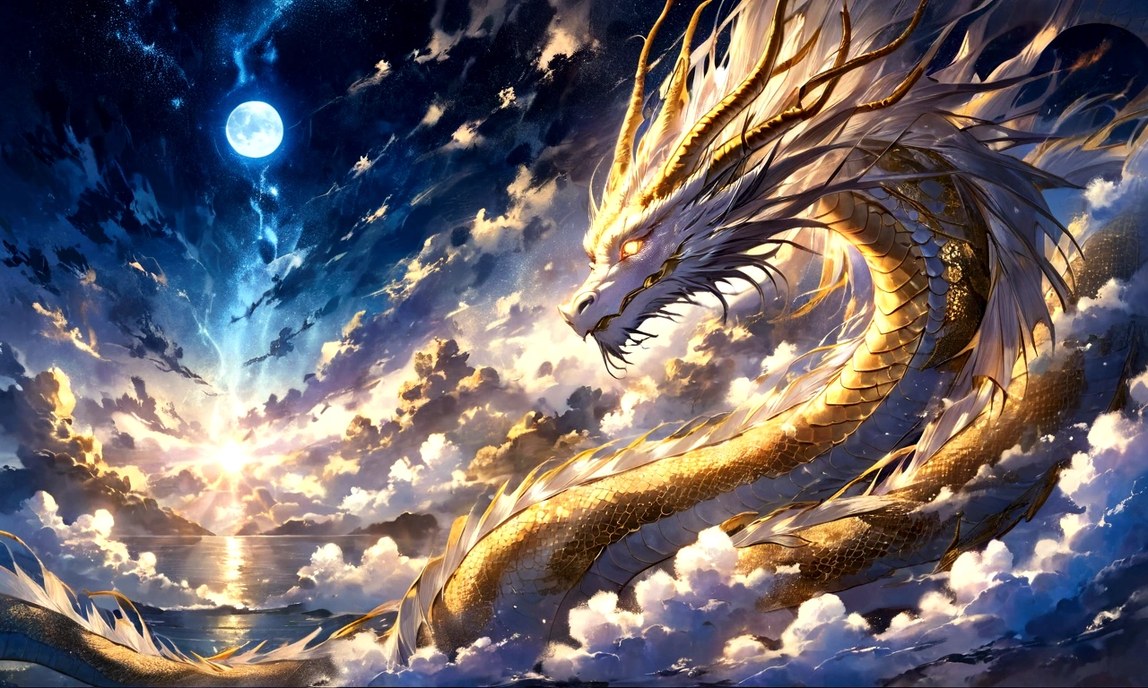 white dragon god, gentle gaze, fantastic background, moonlight background, sea of ​​clouds background, golden splashes, mysterious, divine light, mythical creature, traditional Chinese dragon, myth, speckled light, hazy haze, mysterious aura, masterpiece, fantastic, elegant dragon, good fortune, fantasy art