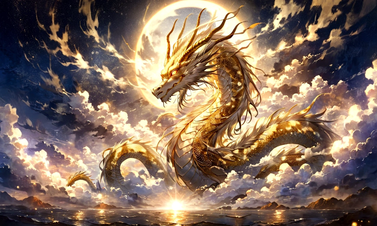 white dragon god, gentle gaze, fantastic background, moonlight background, sea of clouds background, golden splashes, mysterious, divine light, mythical creature, traditional Chinese dragon, myth, speckled light, hazy haze, mysterious aura, masterpiece, fantastic, elegant dragon, good fortune, fantasy art