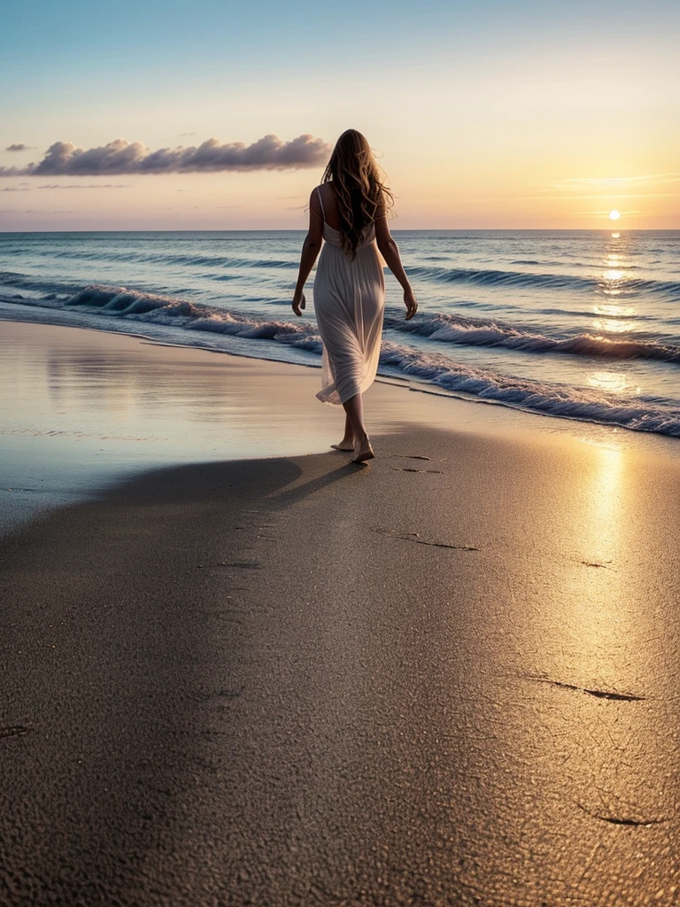 Draw the most beautiful woman in the world walking towards the sunset. Imagine a scene where she is on a serene beach, with gentle waves caressing the golden sand. The woman has long hair that shines in the light of the setting sun, moving gracefully with the breeze. She is wearing a light, flowing dress that seems to float around her, reflecting the vibrant colors of the evening sky—shades of orange, pink, and purple.

As she walks, her steps leave delicate footprints in the damp sand, soon erased by the waves. Her face expresses serene calmness and a lightness of spirit, as if she is in perfect harmony with the natural beauty around her. The sunset paints the horizon with a stunning palette, and the golden reflection of the light on the sea creates a shimmering path that seems to guide her steps.

In the distance, silhouettes of gently swaying palm trees can be seen, and a few seabirds glide across the sky. The soft sound of the waves and the distant song of the birds create a tranquil melody that complements the majesty of the moment. It is a scene of unparalleled peace and beauty, where the most beautiful woman in the world walks towards the horizon, enveloped in a golden splendor.