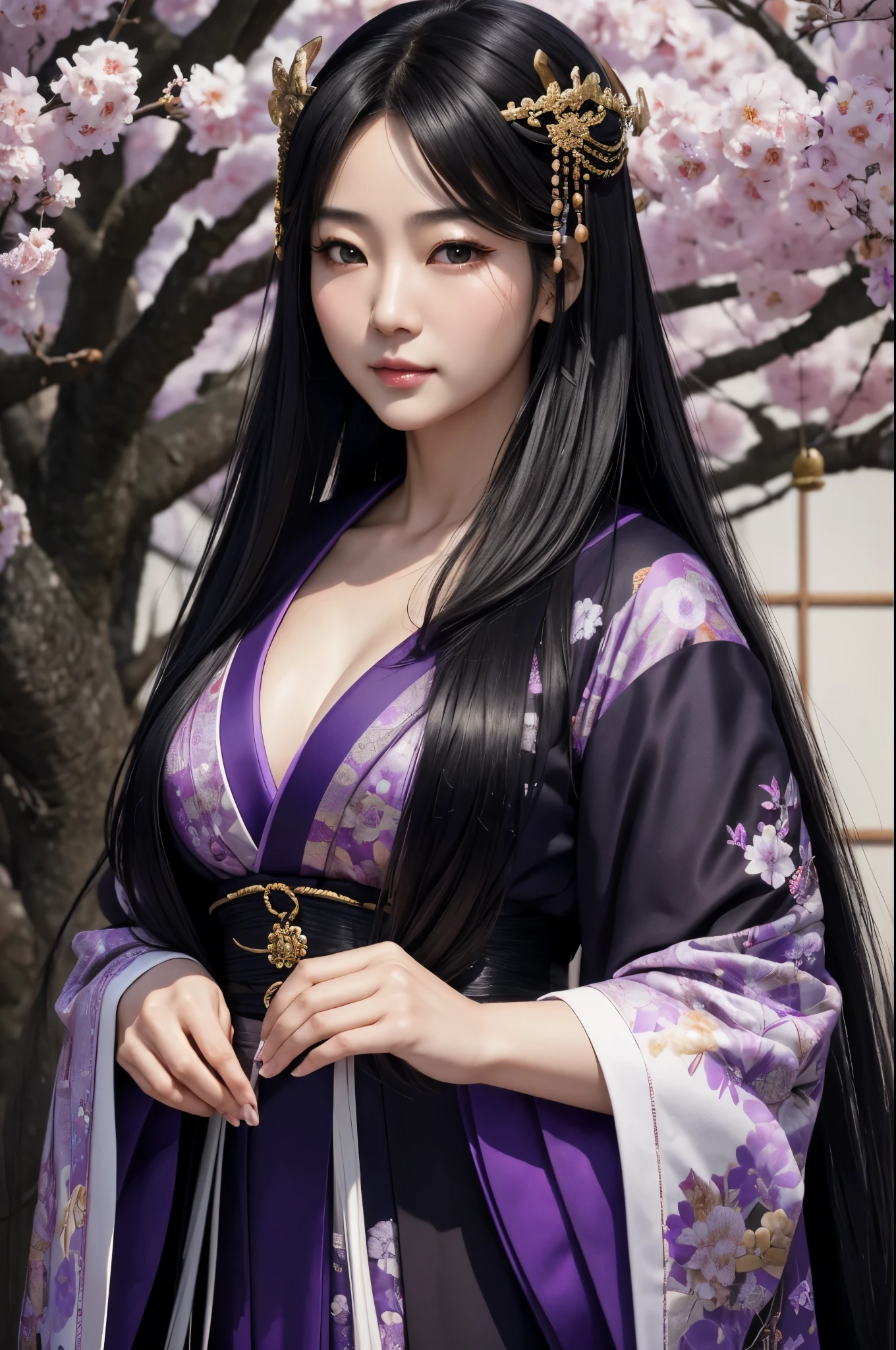 (8K,Photorealistic　to be born写真　Highest quality;1.4) Mature Japanese Goddess,so beautiful(A vivid face) ,(Long black hair),清楚なQueen,Gorgeous black and purple Japanese goddess&#39;Traditional costume of the month,Engage your audience,Beautiful expression,Moist black eyes,Queenのメイクアップ,(Queen),charm,Small breasts,Golden decoration,筋肉質の細い身体のマッチョなQueen,Gorgeous hair ornament,Holding a folding fan,kimono,Black and purple 月のkimono,非常にSmall breasts,Red eyeshadow,Ultra-high resolution,Surreal,Attention to detail,Rich colors, Backlight, Cinema Lighting, Film Grain, to be born, 50mm lens, Nikon D850,smile,Ultra-realistic,Highest qualityのフォトリアリスティックなRAW写真。Bright colors,Image of a perfect woman,Fantasy art,Character Art,background,A room in a large mansion,Extremely stiff abs,Muscular Beauty,Flower Hair Ornaments,Hairpin,