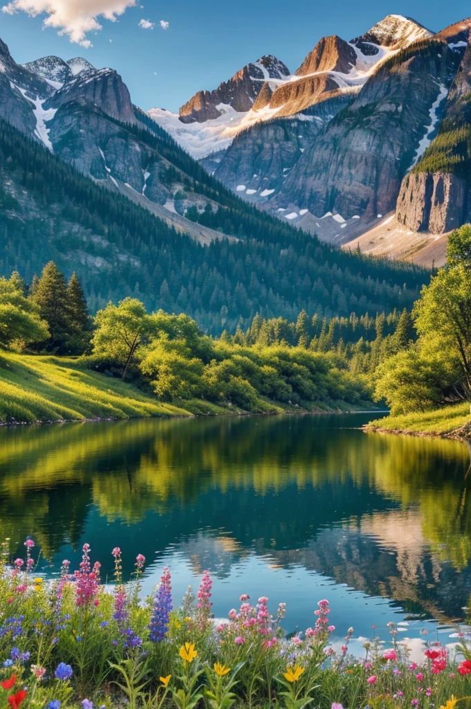 "A real-life photo showcasing nature's beauty with a clear lake, vibrant sunrise, majestic mountains, lush greenery, and blooming wildflowers."
