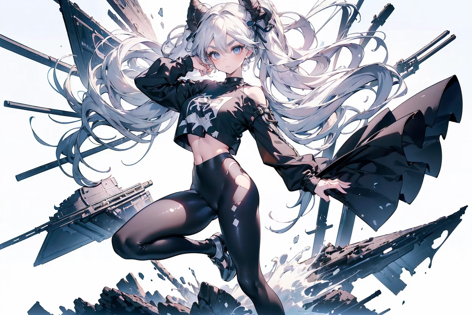 (White Hair Girl), (Thick, dark blue eyebrows:1.4), (Dark blue eyebrows:1.7), (Thick eyebrows:1.3), (Huge black fluffy animal ears:1.1), (Black animal ears:1.1), BREAK, (((Mesh Stitching Crop T-Shirt, Cutout Long Sleeve Top))),BREAK, (Big Breasts:1.2, Thick legs, Adult female body, Sturdy body:1.2), ((full body:1.7, Contrapposto:1.5)), (sharp eyes, Ultra-high definition CG, Precisely designed costumes, 4K, 8K, Ultra-high definition CG, Precisely designed costumes, Clear lines, Expressive and Captivating Eyes, Fine Details and Realistic Textures, cinematic lighting), ((white background)), BREAK, (Wearing black leggings with holes), Skinny sleeves, (Torn and holey leggings:1.2)(Black leggings:1.4), (過剰なRuggedThick soleブーツを履いています:1.2), (Thick sole:1.5), (Big shoes:1.3), ((Beam SE, embarrassed))　