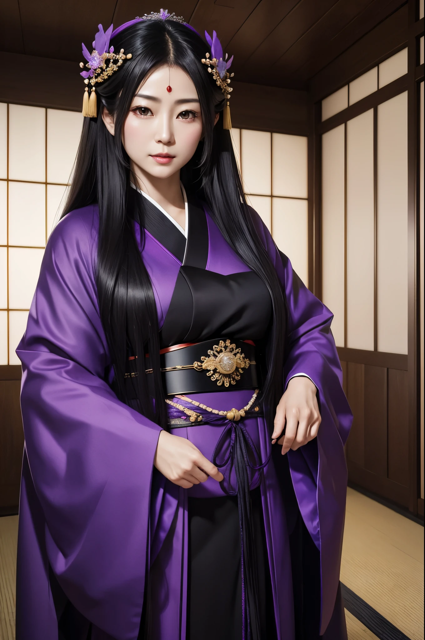 (8K,Photorealistic　to be born写真　Highest quality;1.4) Mature Japanese Goddess,so beautiful(A vivid face) ,(Long black hair),清楚なQueen,Gorgeous black and purple Japanese goddess&#39;Traditional costume of the month,Engage your audience,Beautiful expression,Queenのメイクアップ,(Queen),charm,Small breasts,Golden decoration,筋肉質の細い身体のマッチョなQueen,Gorgeous hair ornament,Holding a folding fan,kimono,Black and purple 月のkimono,非常にSmall breasts,Red eyeshadow,Ultra-high resolution,Surreal,Attention to detail,Rich colors, Backlight, Cinema Lighting, Film Grain, to be born, 50mm lens, Nikon D850,smile,Ultra-realistic,Highest qualityのフォトリアリスティックなRAW写真。Bright colors,Image of a perfect woman,Fantasy art,Character Art,background,A room in a large mansion,Extremely stiff abs,Muscular Beauty,Flower Hair Ornaments,Hairpin,Moon and bamboo grove,Moon Pattern,Golden Eyes,