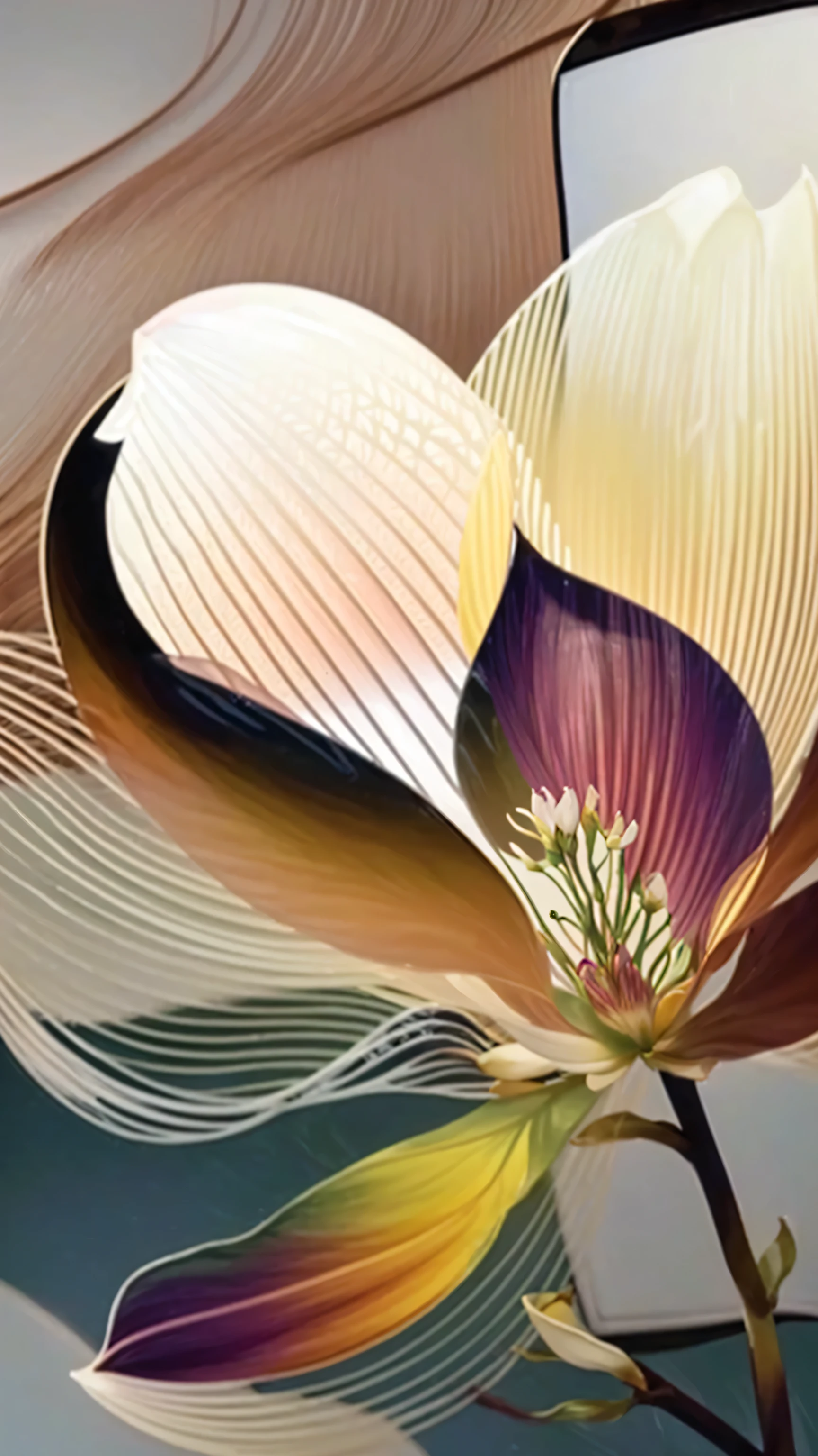 a close-up of a flower with a mirror in the background, Magnolia, depicting a flower, inspired by Carpoforo Tencalla, glowing delicate flower, large exotic flowers, ai assisted digital painting, exquisite digital artwork, fine digital art, contemporary digital art, digital art trends, digital art of an elegant, complex digital painting, impressive lines