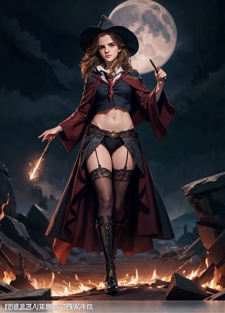 masterpiece，Best quality，1 girl，Emma Watson plays Hermione, Sexy school uniform，Briefs thongs，The school uniform jacket is open，No shirt，Smile，huge breasts, Huge ass, beautiful legs, Magic Wand，Magic book，Casting Magic，Hogwarts School of Witchcraft and Wizardry