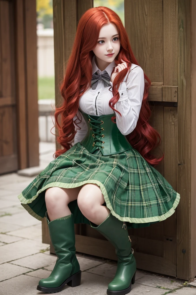 Teenage girl with long red hair,light green checkered skirt,light green corset,long barrel boots