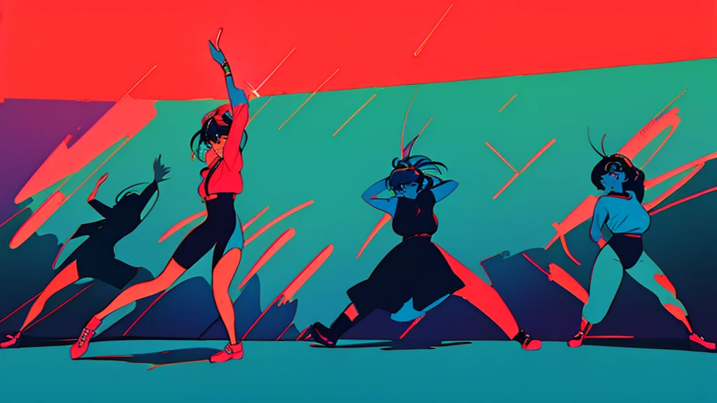 90s retro pop illustration of a vibrant dance party, with people in colorful outfits dancing energetically under disco lights.