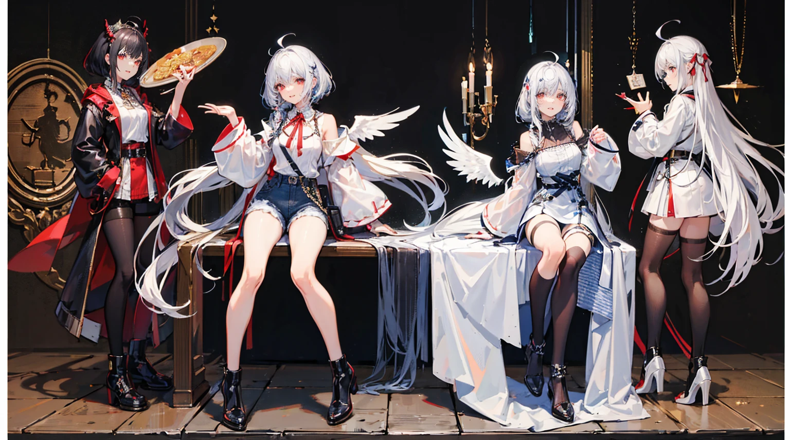 ((masterpiece, Highest quality)), Detailed face, Character Sheet, whole body, Full of details, Various poses and expressions, Very detailed, depth, Many parts, One girl,Grin,Ghosttail,Wings on the head,white_hair,Colored inner hair,Ahoge,Hair Ribbon,Red eyes,The eyes are round,Fur coat,Overcoat,See-through sleeves,Denim shorts,Knee-high,Ankle boots,Food,Foodie,figure,Realistic,Styles of Arknights