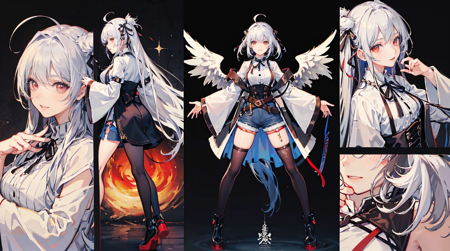 ((masterpiece, Highest quality)), Detailed face, Character Sheet, whole body, Full of details, Various poses and expressions, Very detailed, depth, Many parts, One girl,Grin,Ghosttail,Wings on the head,white_hair,Colored inner hair,Ahoge,Hair Ribbon,Red eyes,The eyes are round,Fur coat,Overcoat,See-through sleeves,Denim shorts,Knee-high,Ankle boots,Food,Foodie,figure,Realistic,Styles of Arknights