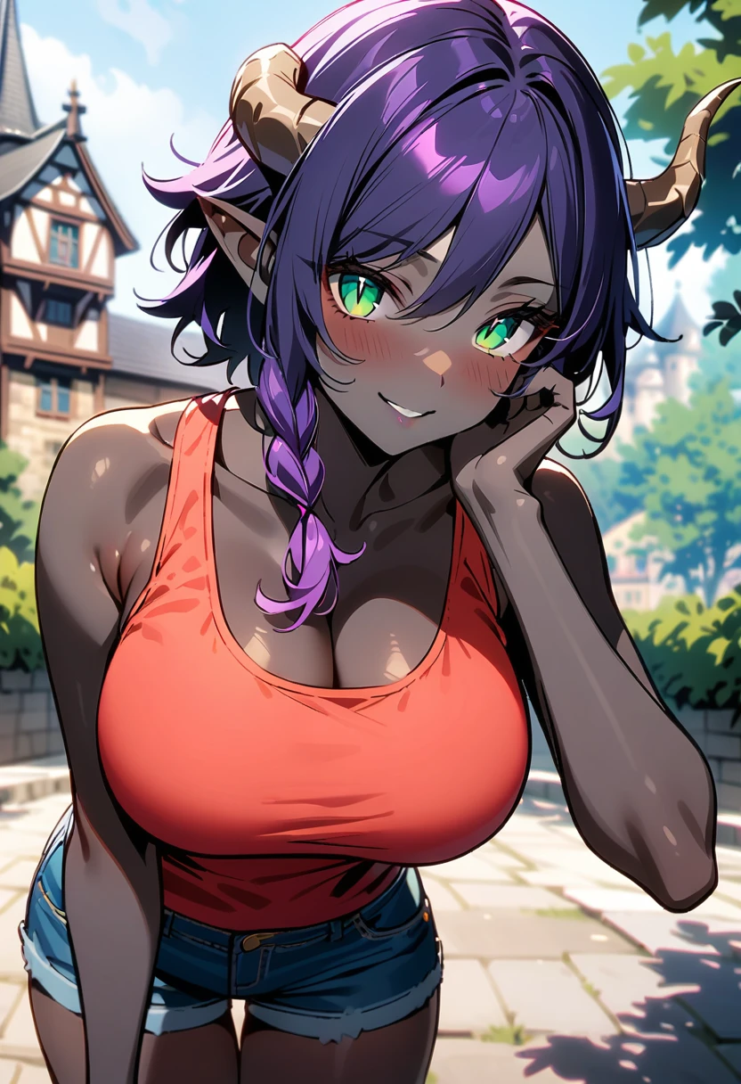 masterpiece, best quality, extremely detailed, 1girl, (milf:1.2), solo, (dark skin, black skin:2.1), venti_\(genshin_impact\), (huge breasts:1.3), ((((purple hair), long hair, green eyes, slit pupils, pointy ears, demon horns))), parted lips, (((tanktop, denim shorts))), ((naughty smile), closed mouth), ((hand on own face, outdoor, castle))