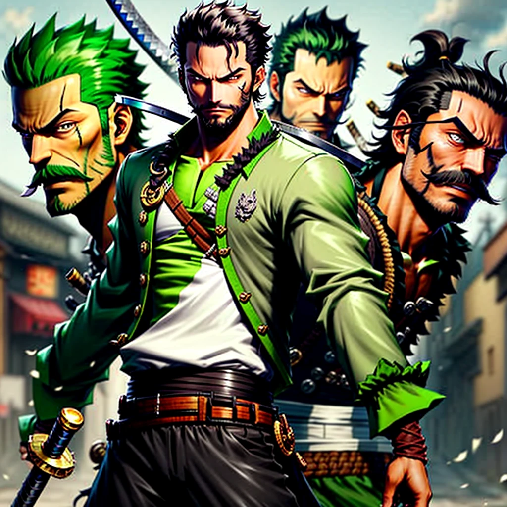 a man who resembles Roronoa Zoro, with dark brown hair, dark brown eyes, a short mustache and a short beard on his chin, with swords on his back, and green clothes with white details.