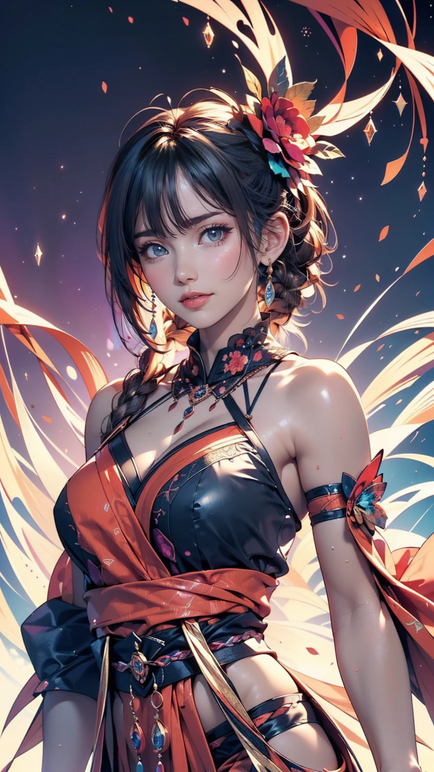 (masterpiece, Highest quality, Highest quality, Official Art, beautifully、aesthetic:1.2), (One girl:1.3), Very detailed,(Fractal Art:1.2),colorful,Most detailed,(Tangled:1.2), (Dynamic pose), (Abstract background:1.5), (Traditional Costume:1.2), (Shiny skin), (Many colors:1.4), Upper Body