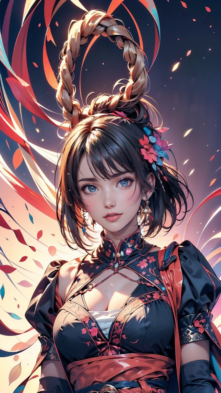 (masterpiece, Highest quality, Highest quality, Official Art, beautifully、aesthetic:1.2), (One girl:1.3), Very detailed,(Fractal Art:1.2),colorful,Most detailed,(Tangled:1.2), (Dynamic pose), (Abstract background:1.5), (Traditional Costume:1.2), (Shiny skin), (Many colors:1.4), Upper Body