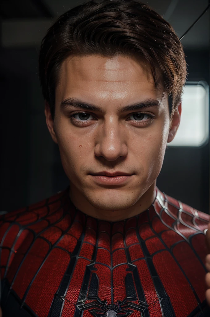 A photograph of spider man, no mask, 20 yo, handsome, detailed face, looking at camera, portrait, 8k uhd, high quality
