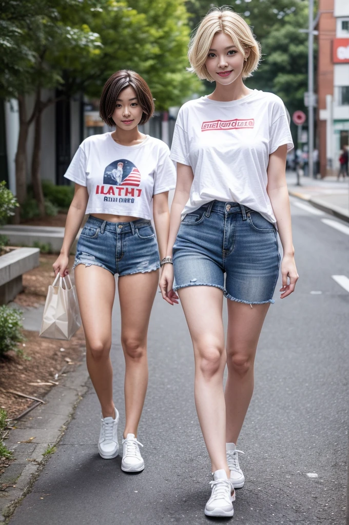 Beautiful 23 year old woman, Japanese,One Woman,Beautiful, perfect and detailed face,Cute,Beauty,beautiful,f cup bust,An innocent smile,nice smile,Blonde natural short hair,Model Body Type,Long legs,Natural red lips,Fine eyes and lips,Realistic, Very detailed,8K, masterpiece,A simple white t-shirt,Short denim pants,White sneakers,Walking around town,Sexy pose