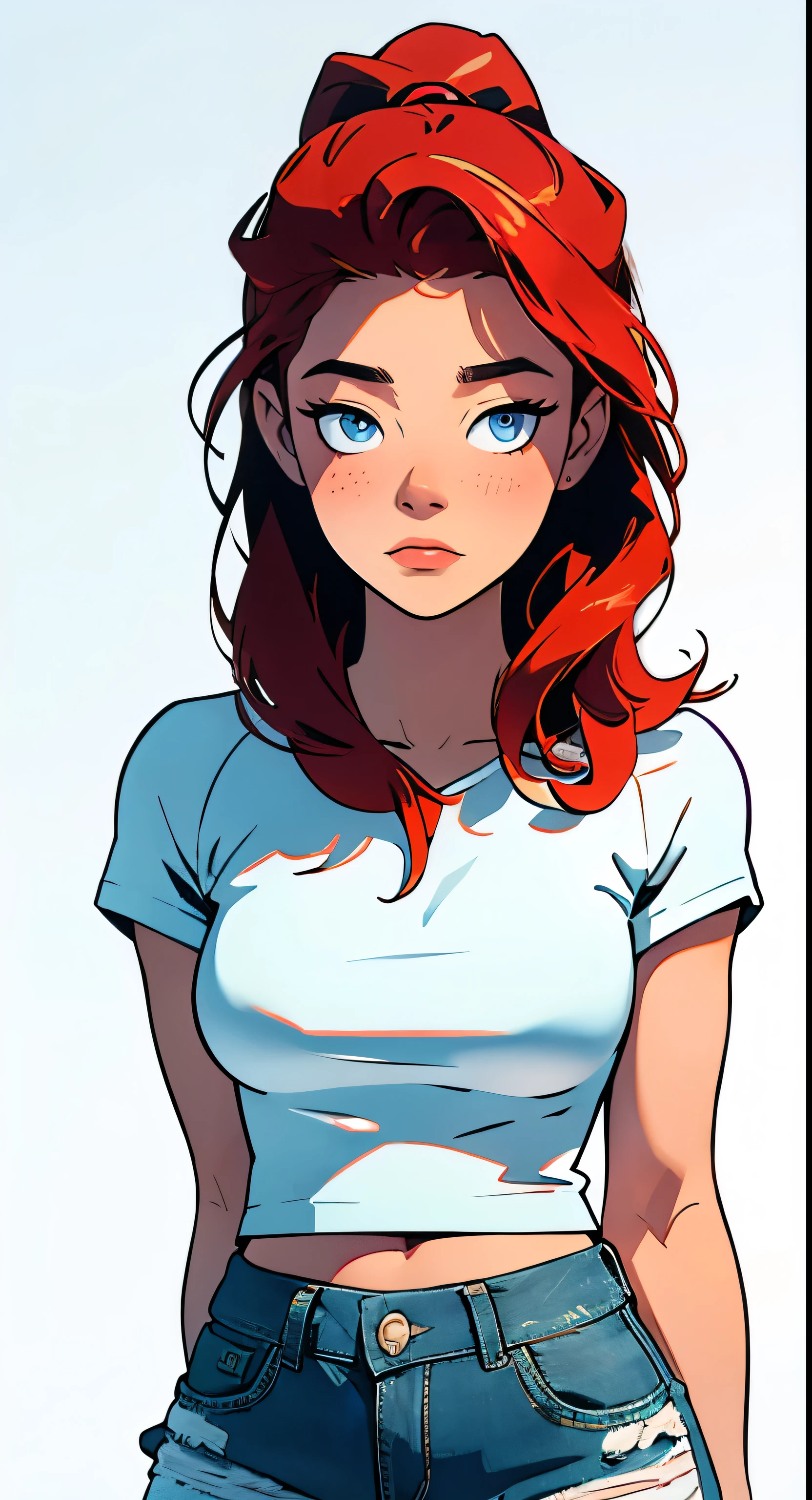 Fmasterpiece, best quality, full body,1girl,the highest image quality, 21-year-old woman, looks like Olivia Dunne, bright red hair, blue eyes, wearing a white graphic tee and denim shorts, large breasts, White background, empty background, whole body, arms crossed, sad expression on her face