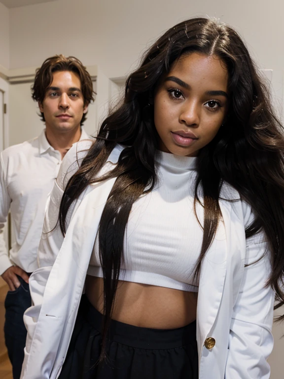 mixed black ethnicity, curvy girl , ,long hair , wearing long white men's shirt and lingerie
