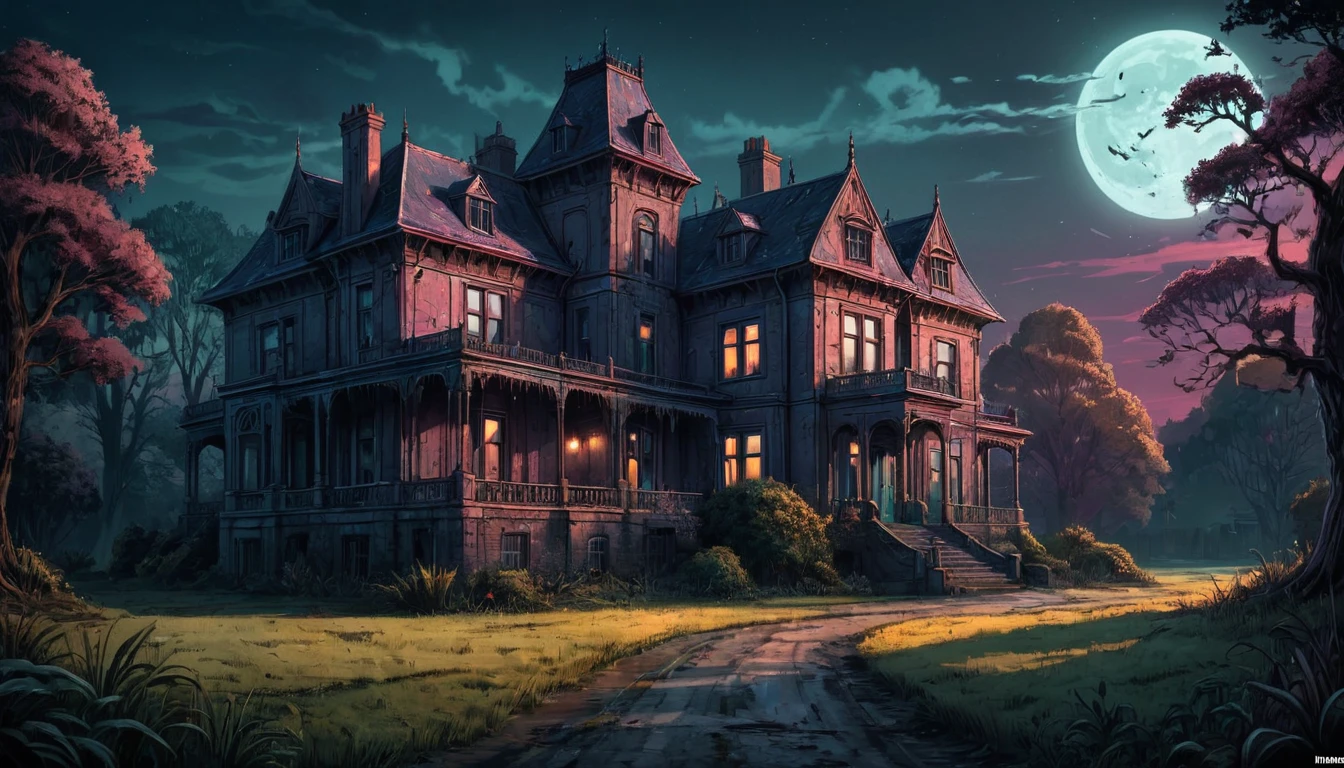 (art by Dan Mumford:0.9) , digital art, Technical illustration, detailed, Boho, landscape of a Manor, it is 1920'S and Discouraged, Bathed in shadows, Horror, F/5, triadic colors, extremely detailed CG Unity 8k wallpaper, extremely beautiful