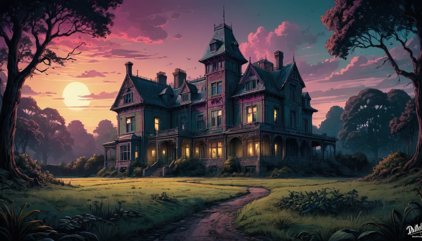 (art by Dan Mumford:0.9) , digital art, Technical illustration, detailed, Boho, landscape of a Manor, it is 1920'S and Discouraged, Bathed in shadows, Horror, F/5, triadic colors, extremely detailed CG Unity 8k wallpaper, extremely beautiful