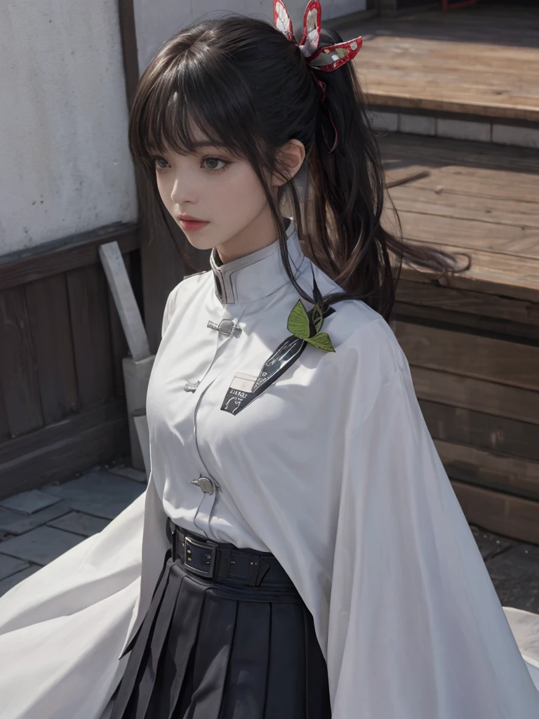 (RAW Photos, highest quality), (Realistic, Photorealistic Truth: 1.3), highest quality, Very detailed, masterpiece, Ultra-detailed, figure, One girl, kanao tsuyuri, ((Bangs Patsun,Side Ponytail)),(( Demon Slayer uniform:1.4)), Butterfly Hair Ornament,( white belt), ( White Cape),, (Black jacket), (Pleated skirt), belt, (Black Skirt), knees, buckle, belt buckle, upper_body, Dynamic Angle, World Mastery Theatre, long hair flying, Fluorescent Centred, highest quality, Highly detailed CG integrated 8K wallpaper, ink, wonderful, Cinema Lighting, lens_Flare, wuxia_style,(((Straight Bangs:1.4))),(blunt bangs:1.4),