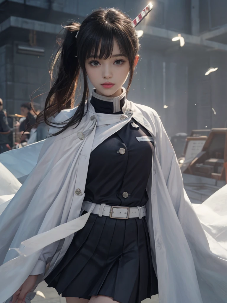 (RAW Photos, highest quality), (Realistic, Photorealistic Truth: 1.3), highest quality, Very detailed, masterpiece, Ultra-detailed, figure, One girl, kanao tsuyuri, ((Bangs Patsun,Side Ponytail)),(( Demon Slayer uniform:1.4)), Butterfly Hair Ornament,( white belt), ( White Cape),, (Black jacket), (Pleated skirt), belt, (Black Skirt), knees, buckle, belt buckle, upper_body, Dynamic Angle, World Mastery Theatre, long hair flying, Fluorescent Centred, highest quality, Highly detailed CG integrated 8K wallpaper, ink, wonderful, Cinema Lighting, lens_Flare, wuxia_style,(((Straight Bangs:1.4))),(blunt bangs:1.4),