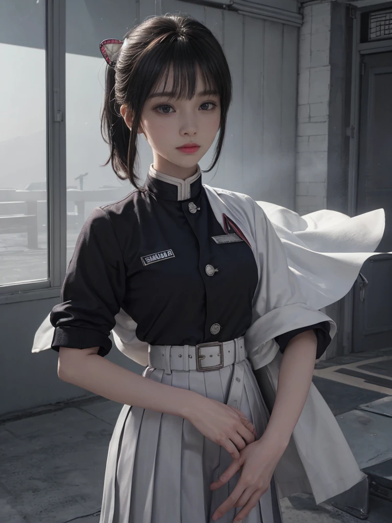 (RAW Photos, highest quality), (Realistic, Photorealistic Truth: 1.3), highest quality, Very detailed, masterpiece, Ultra-detailed, figure, One girl, kanao tsuyuri, ((Bangs Patsun,Side Ponytail)),(( Demon Slayer uniform:1.4)), Butterfly Hair Ornament,( white belt), ( White Cape),, (Black jacket), (Pleated skirt), belt, (Black Skirt), knees, buckle, belt buckle, upper_body, Dynamic Angle, World Mastery Theatre, long hair flying, Fluorescent Centred, highest quality, Highly detailed CG integrated 8K wallpaper, ink, wonderful, Cinema Lighting, lens_Flare, wuxia_style,(((Straight Bangs:1.4))),(blunt bangs:1.4),