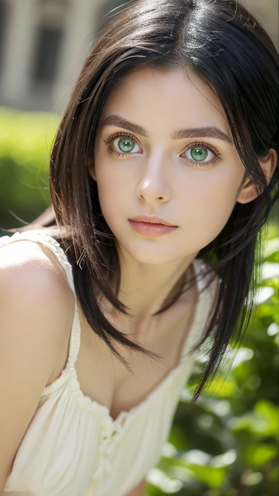 Beautiful realistic European, big green eyes, black hair, small nose, beautiful and full lips, White skin.