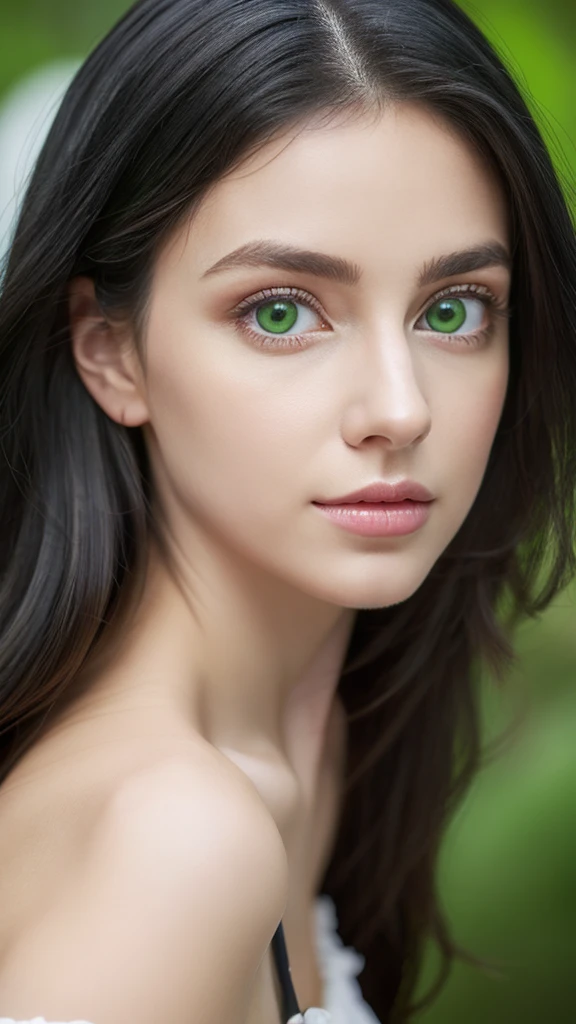 Beautiful realistic European, big green eyes, black hair, small nose, beautiful and full lips, White skin.