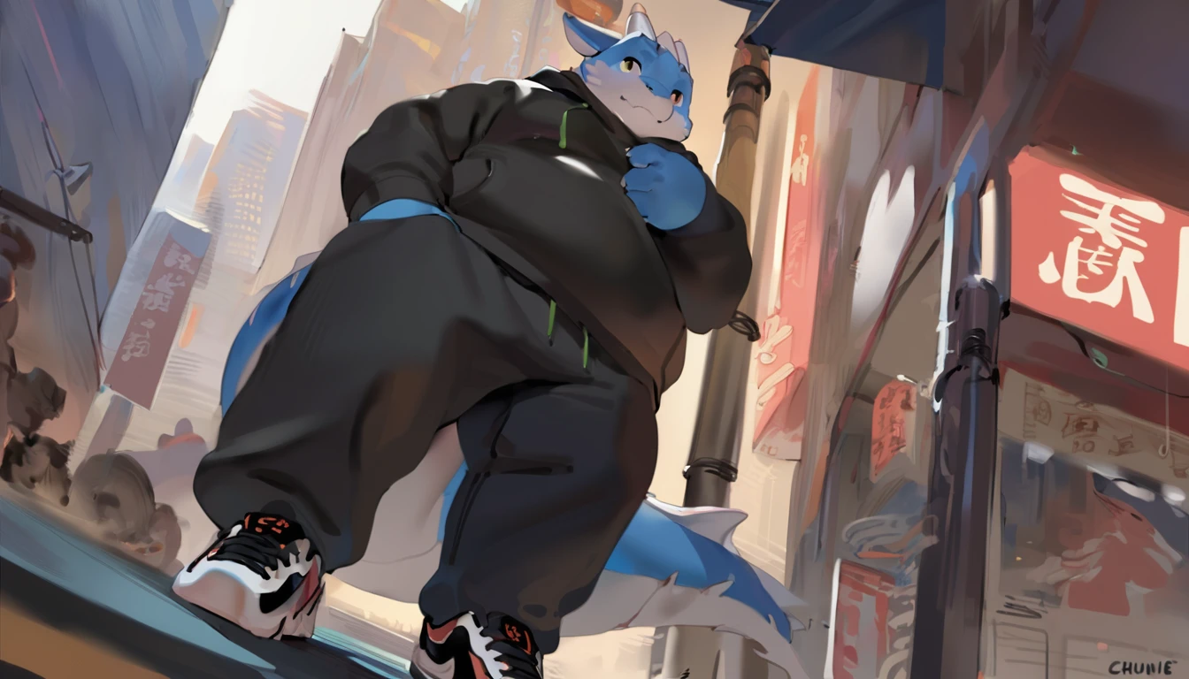 Dragon,solo, male, adult,yaoi, doujin, furry, anthro, fat, chubby, plump, cyberpunk fashion style, wearing black Hoodie, Long trousers, sneakers, long shot, background, In the middle of the city, Modern era, three point perspective, character art style by quanjiang, by chunie, masterpiece,4k hd