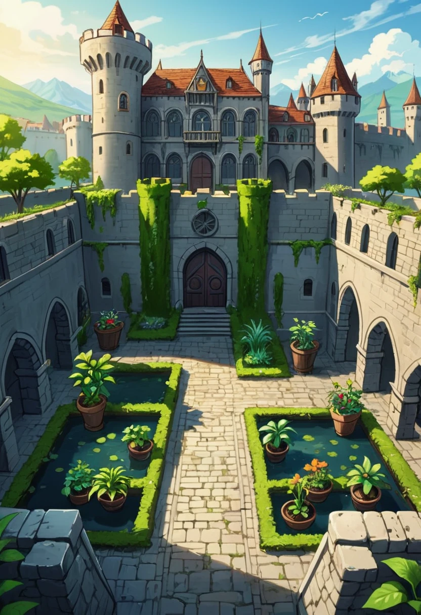 (game,  "Plants vs. Zombies"), features anthropomorphic plants in a retro colored medieval castle, with a moat and a courtyard surrounded by city walls in the background, full body, (Photography), panoramic view, award-winning, cinematic still, emotional, vignette, dynamic, vivid, (masterpiece, best quality, Professional, perfect composition, very aesthetic, absurdres, ultra-detailed, intricate details:1.3)