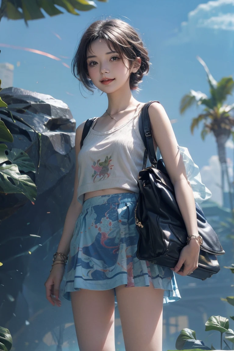 cute young short hair girl chilling around the city, the sky are blue and very happy joyful day, she is wearing a modern shirt with cute flower skirt, soft color