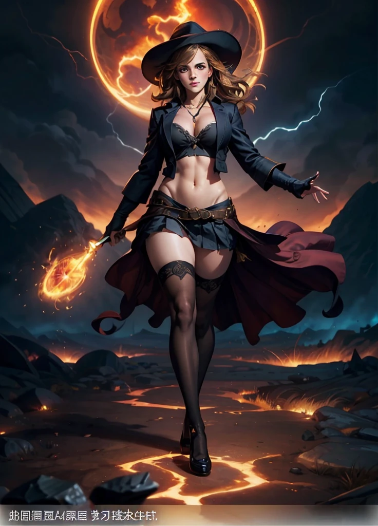 masterpiece,Best quality,1 girl,Emma Watson plays Hermione, Sexy school uniform,Briefs thongs,The school uniform jacket is open,No shirt,Smile,huge breasts, Huge ass, beautiful legs, Magic Wand,Magic book,Casting Magic,Hogwarts School of Witchcraft and Wizardry