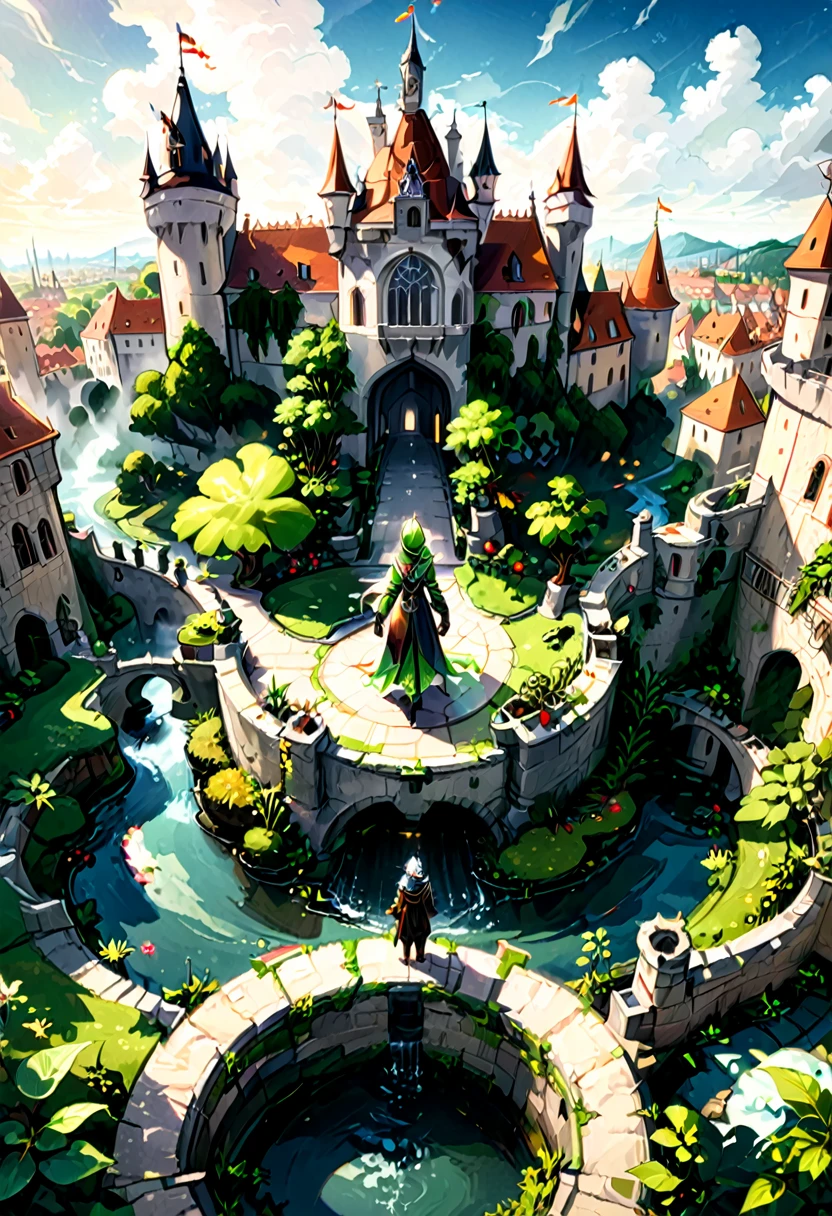 (game,  "Plants vs. Zombies"), features anthropomorphic plants in a retro colored medieval castle, with a moat and a courtyard surrounded by city walls in the background, full body, (Photography), panoramic view, award-winning, cinematic still, emotional, vignette, dynamic, vivid, (masterpiece, best quality, Professional, perfect composition, very aesthetic, absurdres, ultra-detailed, intricate details:1.3)