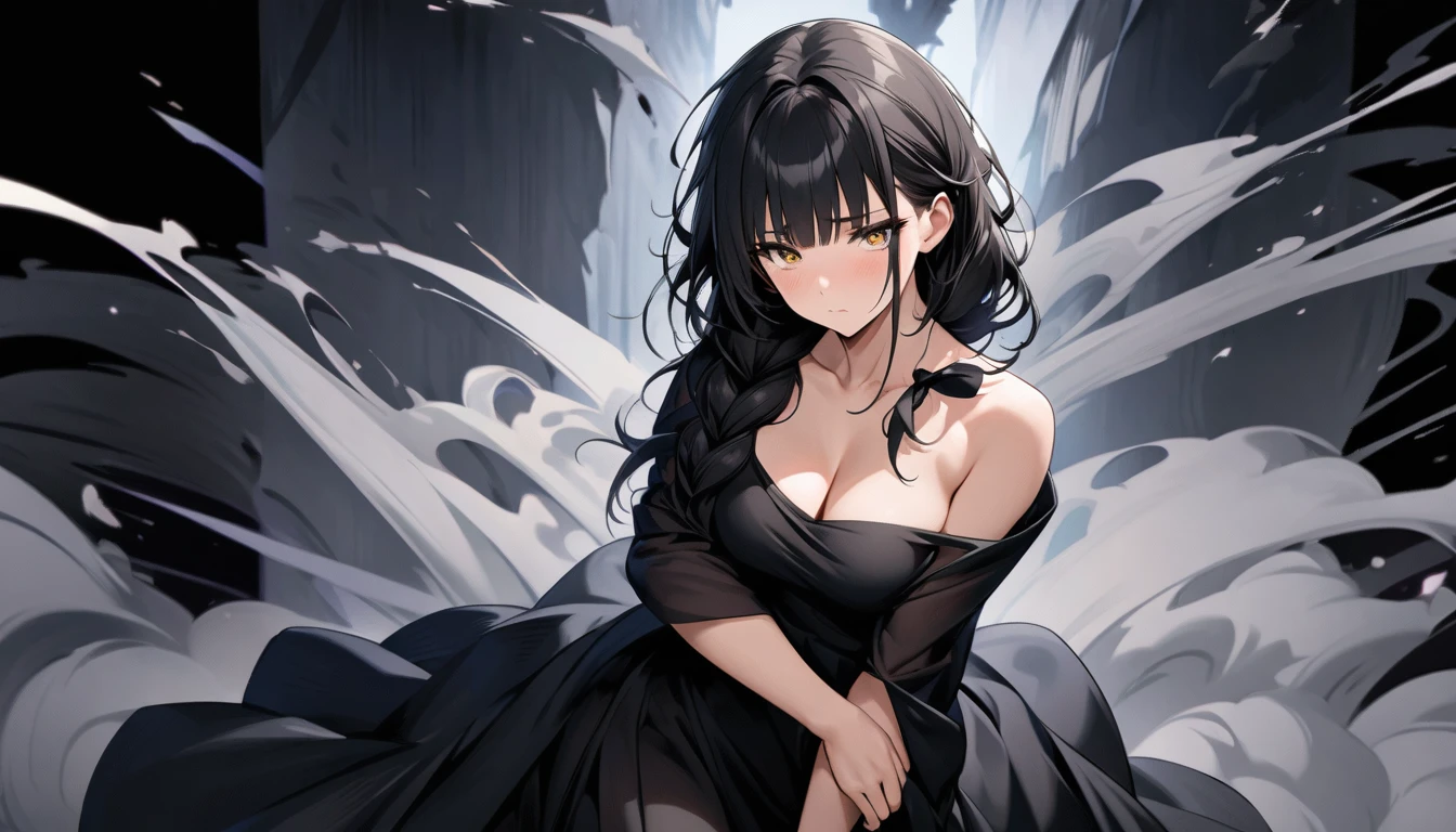 Mature woman, perfect anatomic draw, perfect eyes, long black hair, straight bangs down, golden eyes, shy look, very messy hair, one braid in hair, elegant, pose, black dress, clevage, transparent background, high quality, full HD.