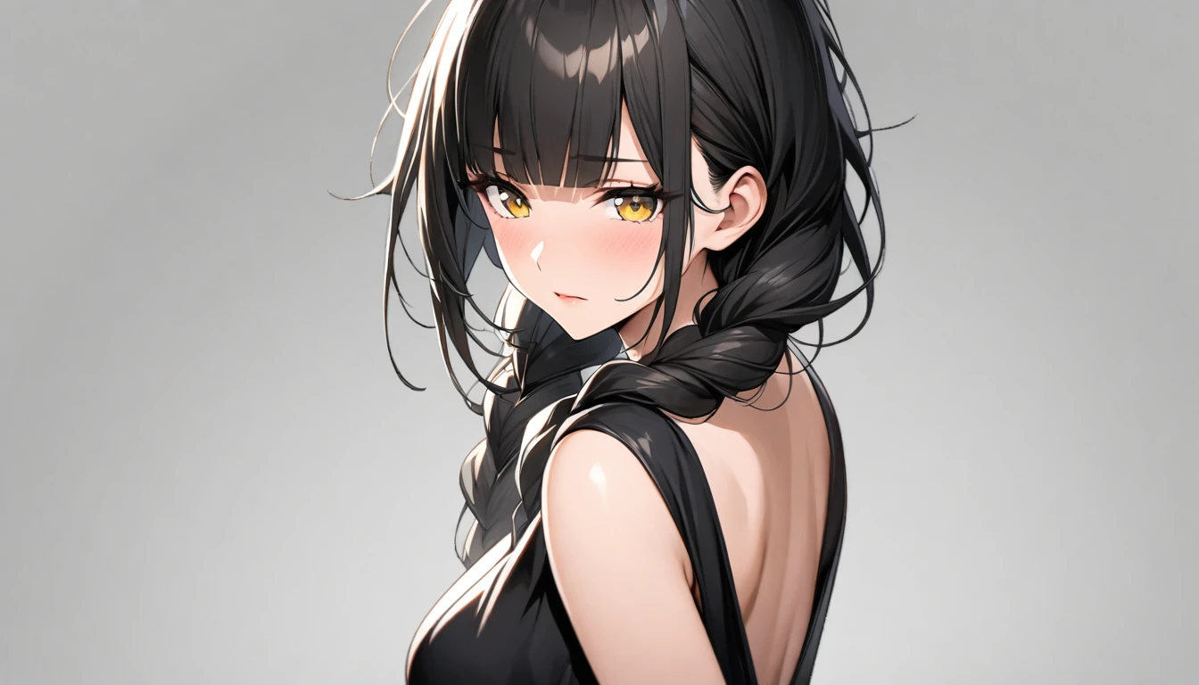 Mature woman, perfect anatomic draw, perfect eyes, long black hair, straight bangs down, golden eyes, shy look, very messy hair, one braid in hair, elegant, pose, black dress, clevage, transparent background, high quality, full HD.