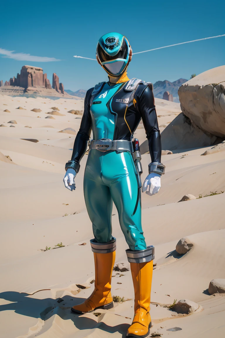 Muscular man, defined body, gold rings on all fingers, light blue colored gangster jacket, black shirt underneath jacket, long army pants of green color, military boots of brown color, evil smile, spiky orange hair, messy hair, short hair, yellow colored eyes, desert scenery with great mountains, scenery with monsters around. , power suit, powerranger, suit, spd, (Power ranger suit), gold detail, masked,
