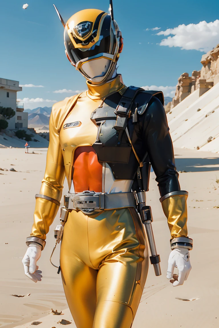 Muscular man, defined body, gold rings on all fingers, light blue colored gangster jacket, black shirt underneath jacket, long army pants of green color, military boots of brown color, evil smile, spiky orange hair, messy hair, short hair, yellow colored eyes, desert scenery with great mountains, scenery with monsters around. , power suit, powerranger, suit, spd, (Power ranger suit), gold detail, masked,
