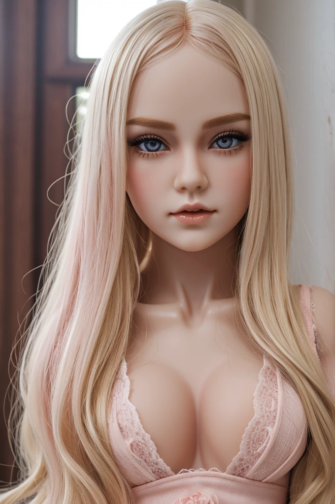 porcelain sex doll; dark ruby eyes; blonde hair like the sun; and soft pale pink skin