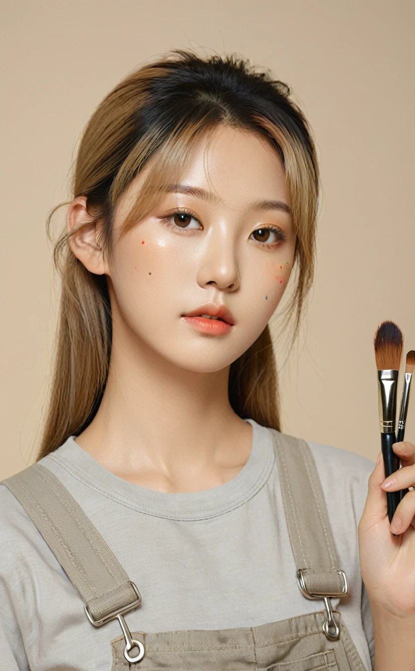 Realistic,Portrait of one girl of young Korean idol,Upper Body,Blonde Tanbalmori,indoor,View your audience,Simple beige background,Release your lips,Grey tight T-shirt,Beige overalls,A palette of paints in his left hand,Brush in right hand,Popular Korean makeup,自信にあふれたphotoRealistic,