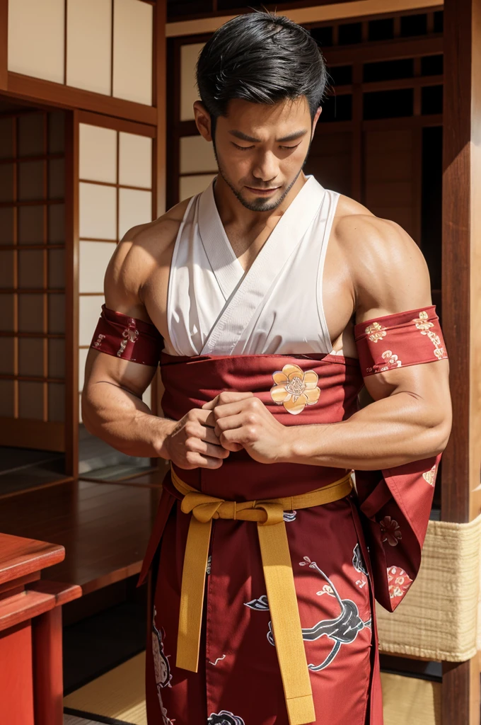 A man wearing a hanfuda yearing has muscular body and wear japanese traditional dresses