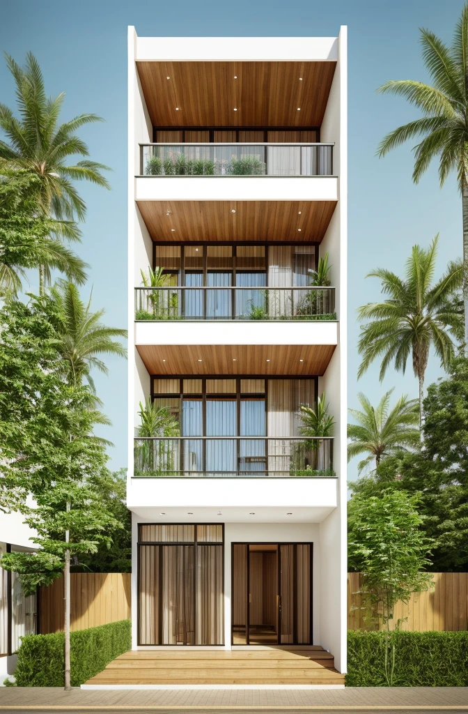 townhouse with bancony, white wall, glass rail, window, mental gate, ( realistic photo)