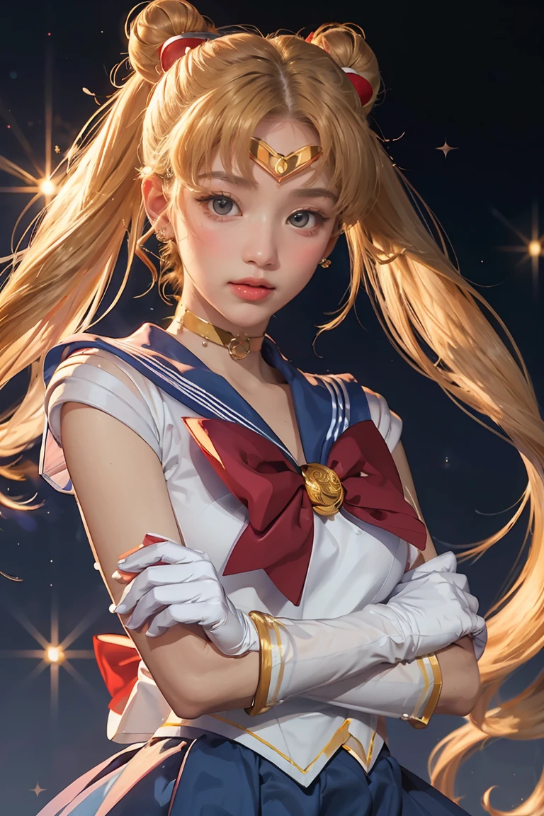 masterpiece, best quality, sailor moon,1girl, long hair,jewelry, sailor senshi uniform, blue sailor collar,blonde hair, red choker,white gloves, twintails, red bow, blue skirt, blue eyes, hair bun,