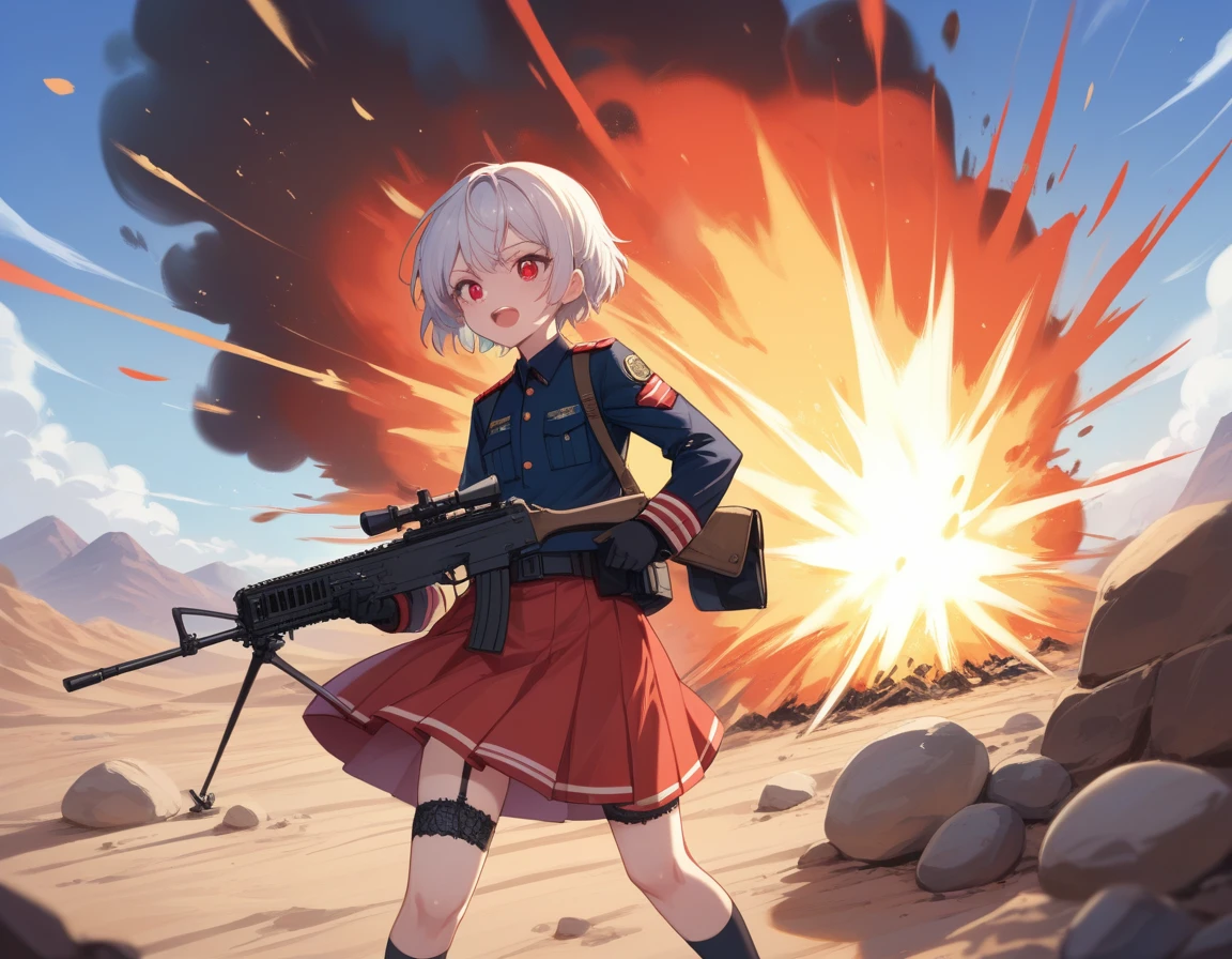 Small breasts、A platoon of girls in bright red military uniforms and long red skirts、Red military uniform and red long skirt、Panty shot、Cute snow-white underwear、garter belt、A pair of girl platoon leaders and soldiers equipped with two assault rifles、desert、Black powder explosion on the ground behind、Big Explosion、A big uproar、Destroy a Tank