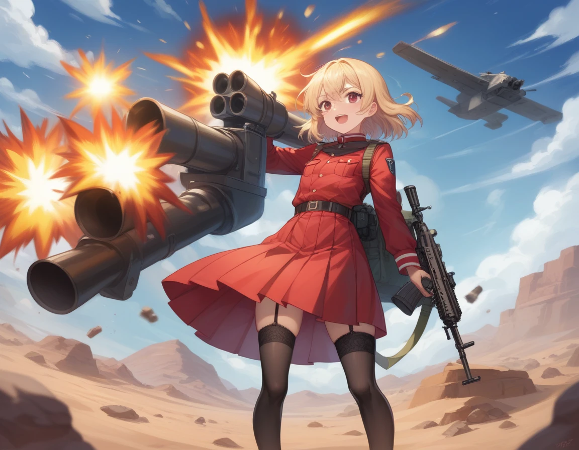 Small breasts、A platoon of girls in bright red military uniforms and long red skirts、Red military uniform and red long skirt、Panty shot、Cute snow-white underwear、garter belt、A pair of girl platoon leaders and soldiers equipped with two assault rifles、desert、Black powder explosion on the ground behind、Big Explosion、A big uproar、Destroy a Tank