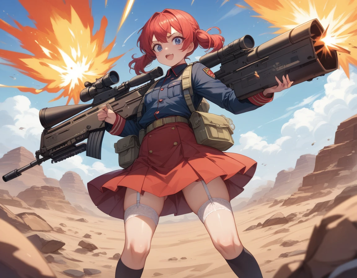 Small breasts、A platoon of girls in bright red military uniforms and long red skirts、Red military uniform and red long skirt、Panty shot、Cute snow-white underwear、garter belt、A pair of girl platoon leaders and soldiers equipped with two assault rifles、desert、Black powder explosion on the ground behind、Big Explosion、A big uproar、Destroy a Tank