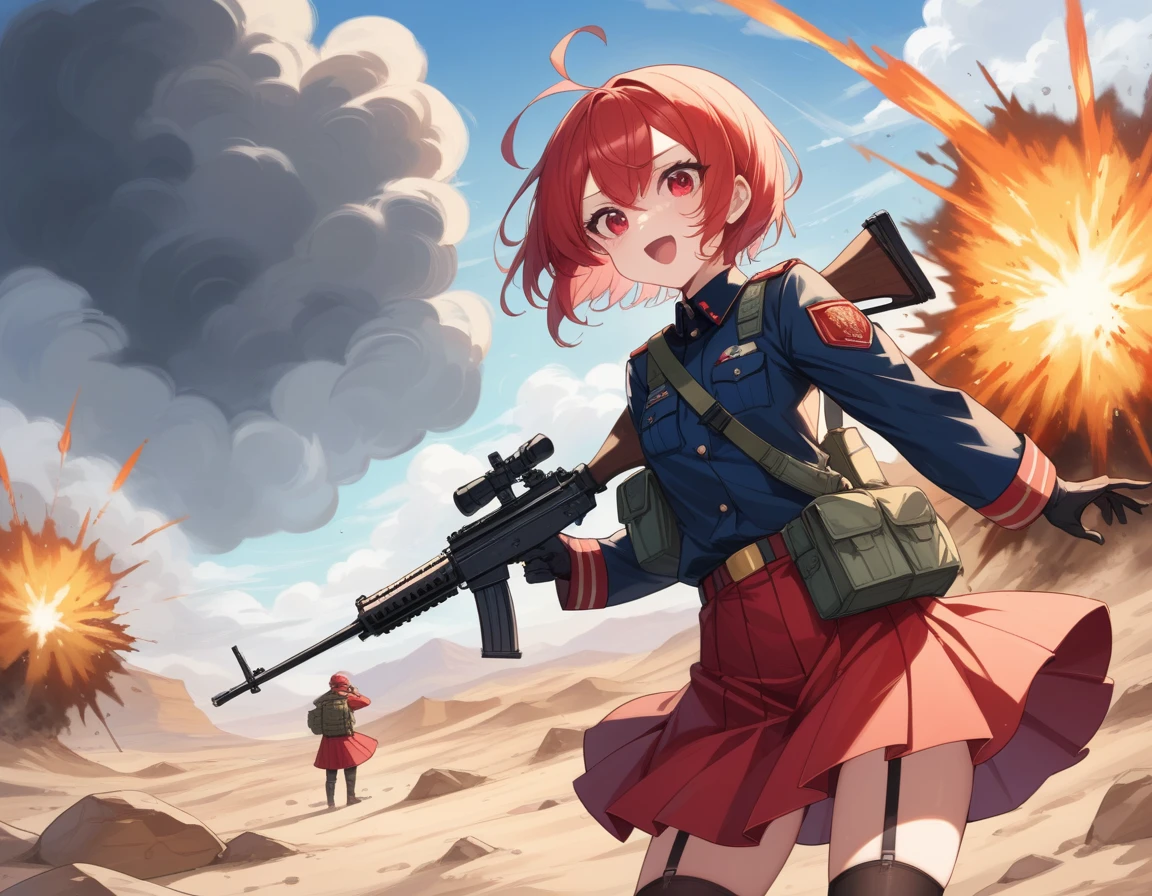 Small breasts、A platoon of girls in bright red military uniforms and long red skirts、Red military uniform and red long skirt、Panty shot、Cute snow-white underwear、garter belt、A pair of girl platoon leaders and soldiers equipped with two assault rifles、desert、Black powder explosion on the ground behind、Big Explosion、A big uproar、Destroy a Tank