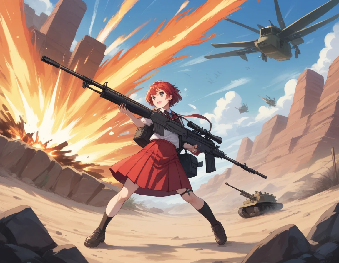 Small breasts、A platoon of girls in bright red military uniforms and long red skirts、Red military uniform and red long skirt、Panty shot、Cute snow-white underwear、garter belt、A pair of girl platoon leaders and soldiers equipped with two assault rifles、desert、Black powder explosion on the ground behind、Big Explosion、A big uproar、Destroy a Tank